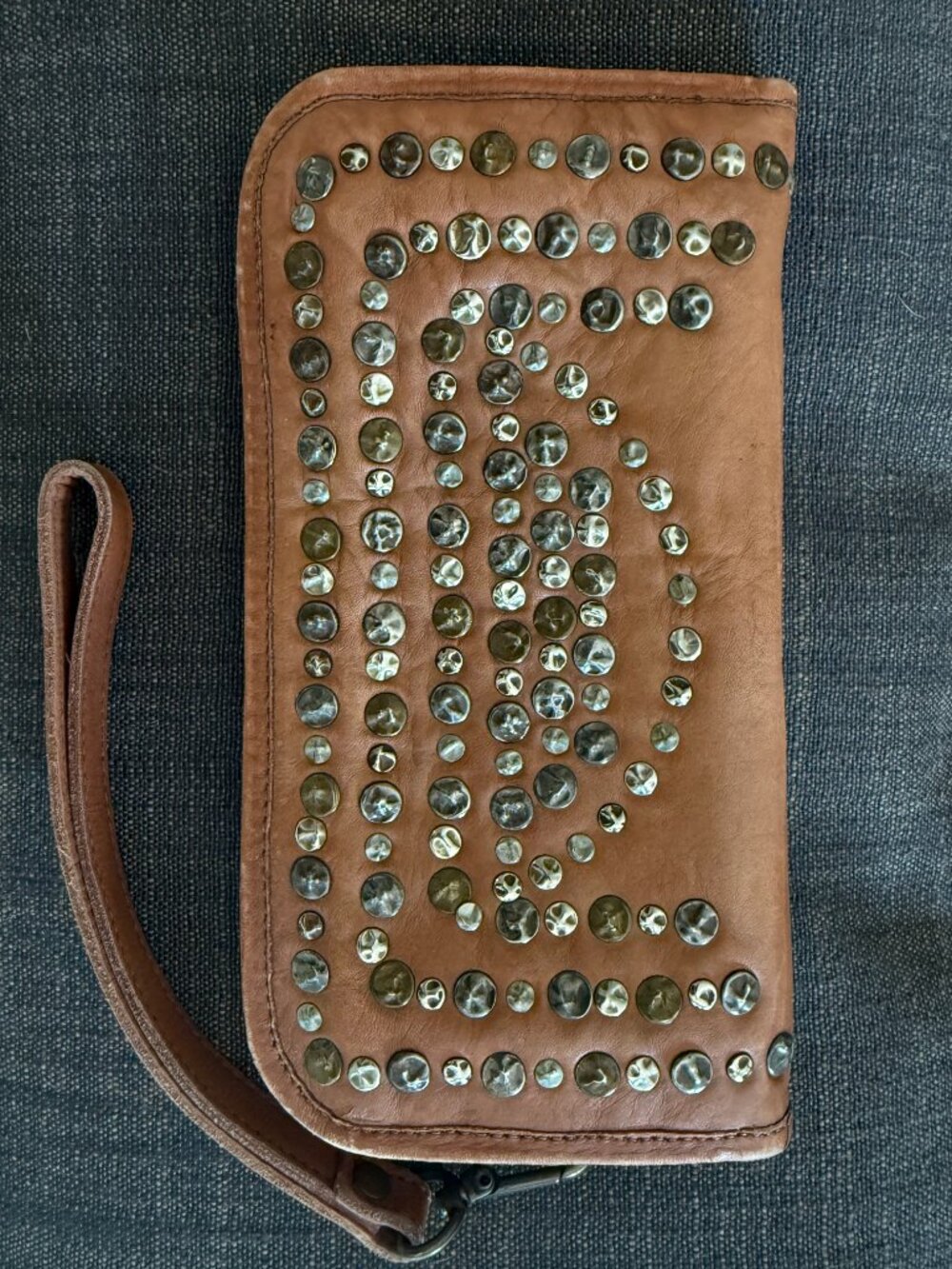 Viola Castellani Leather Boho Brown Zip Wallet Wristlet with Hammered Studs
